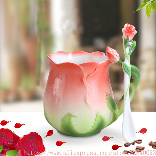 3D Rose Flower Enamel Coffee Mug Tea Milk Cup Set With Spoon Creative Ceramic Bone China Drinkware Valentine's Day Gift