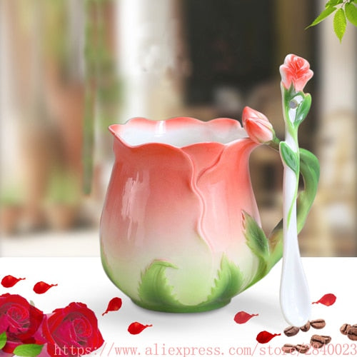 3D Rose Flower Enamel Coffee Mug Tea Milk Cup Set With Spoon Creative Ceramic Bone China Drinkware Valentine's Day Gift