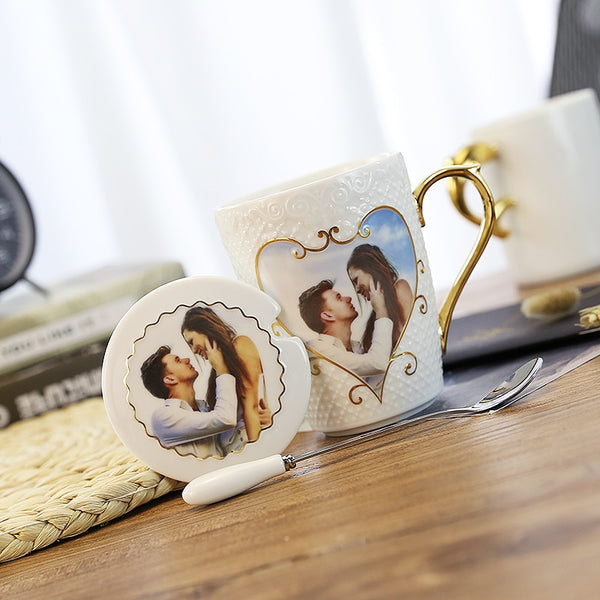 DIY custom photo Cup with Lid Spoon Christmas Valentine's Day novelty birthday gift mug girl girlfriends wedding creative gifts