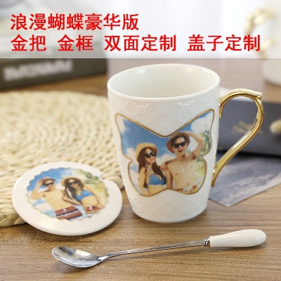 DIY custom photo Cup with Lid Spoon Christmas Valentine's Day novelty birthday gift mug girl girlfriends wedding creative gifts