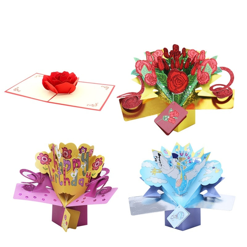 3D Pop UP Greeting Cards Fantastic Flower Handmade Gift Nature Love with Bunch of Roses Happy Birthday with Flowers