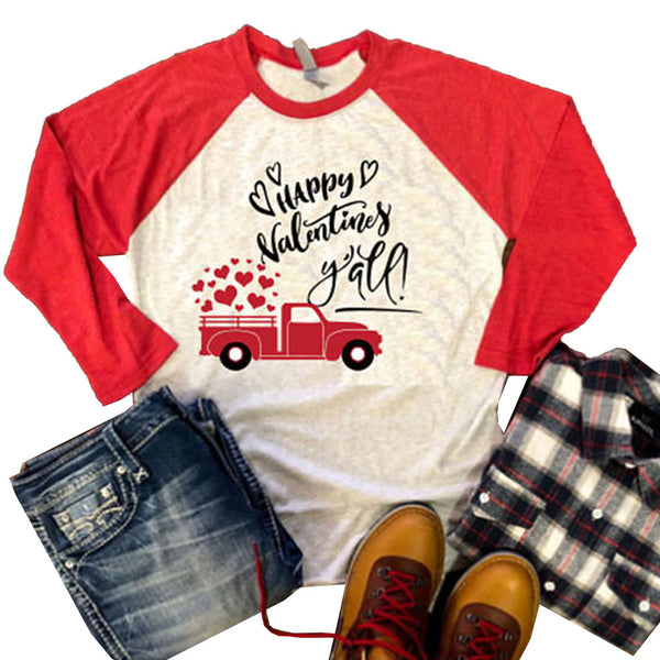 2018 Fashion T Shirt Women Letter Print Happy Valentines Day Spring Autumn O Neck Wrist Raglan Sleeve Femlae T shirt Ladies Tops