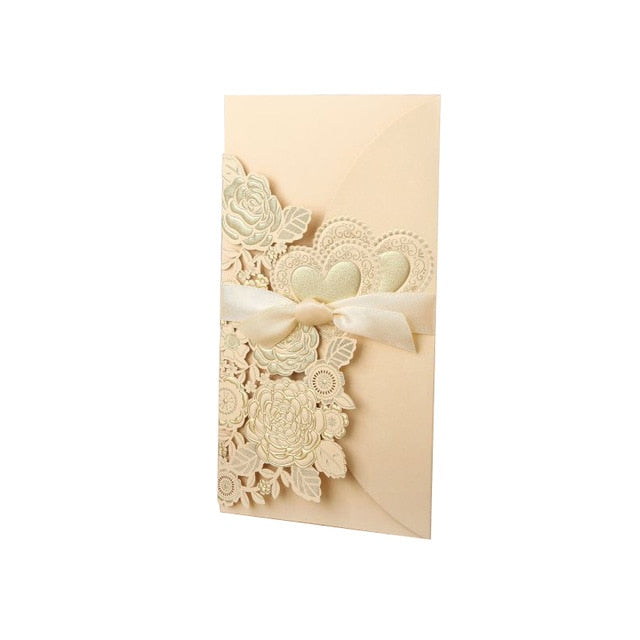 50pcs Laser Cut Wedding Invitations Card Rose Love Heart Greeting Cards Customize Envelopes with Ribbon Wedding Party Supplies