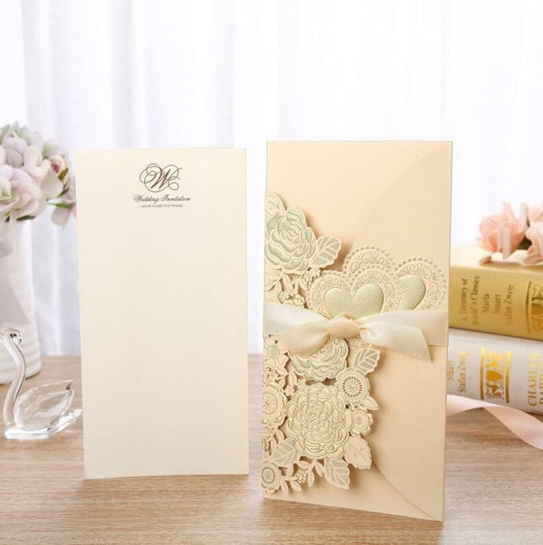 50pcs Laser Cut Wedding Invitations Card Rose Love Heart Greeting Cards Customize Envelopes with Ribbon Wedding Party Supplies