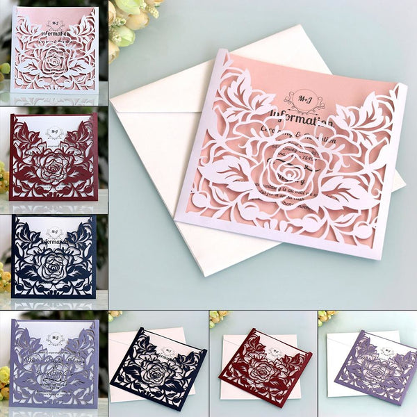 10pcs Rose Wedding Invitations Cards Kits Vertical Laser Cut Flower Shower Birthday Greeting Card Event Party Supplies