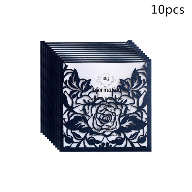 10pcs Rose Wedding Invitations Cards Kits Vertical Laser Cut Flower Shower Birthday Greeting Card Event Party Supplies