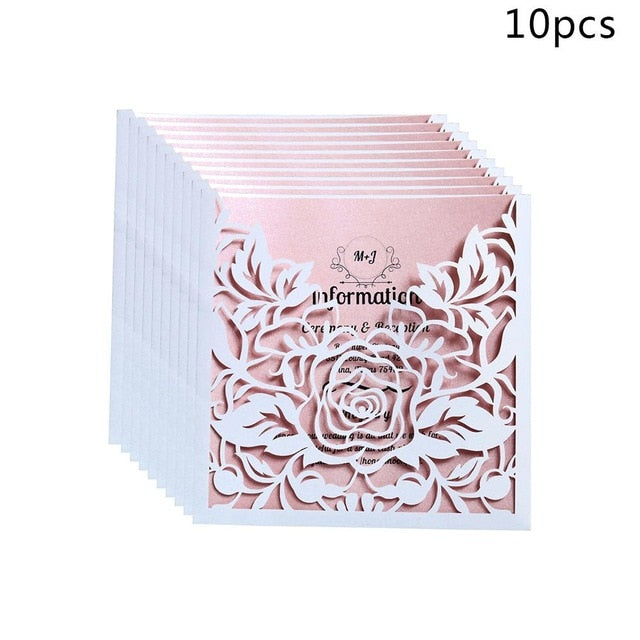 10pcs Rose Wedding Invitations Cards Kits Vertical Laser Cut Flower Shower Birthday Greeting Card Event Party Supplies