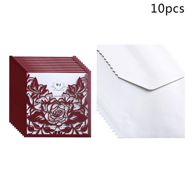 10pcs Rose Wedding Invitations Cards Kits Vertical Laser Cut Flower Shower Birthday Greeting Card Event Party Supplies