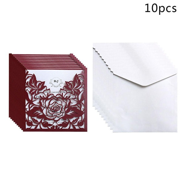 10pcs Rose Wedding Invitations Cards Kits Vertical Laser Cut Flower Shower Birthday Greeting Card Event Party Supplies