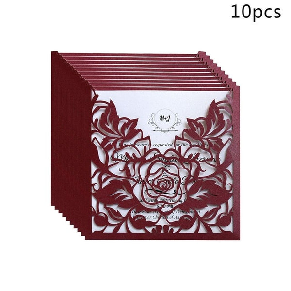 10pcs Rose Wedding Invitations Cards Kits Vertical Laser Cut Flower Shower Birthday Greeting Card Event Party Supplies