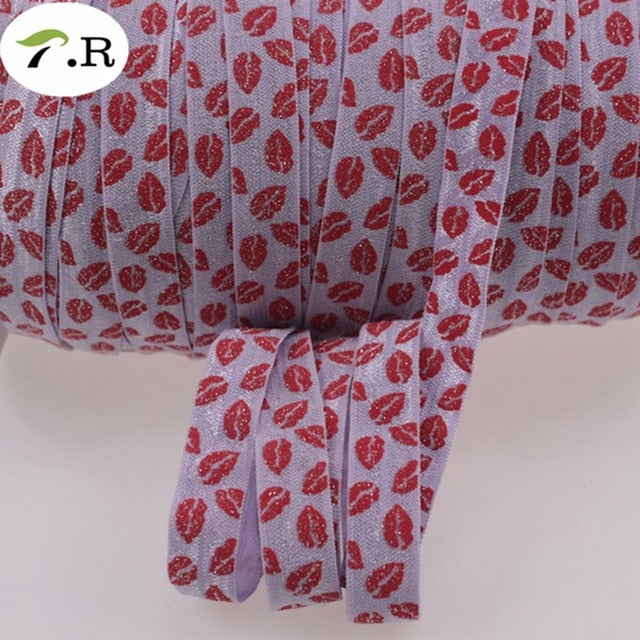 6 Colors 5/8" Sexy Glitter Red Lips FOE Fold Over Elastic for Valentine accessaries welcome custom printed