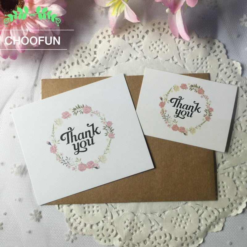 50pcs/lot Fresh Flowers THANK YOU Paper Card Wreath Of Rose Gift Decoration Thank you Card Message Rewards Card BZ151