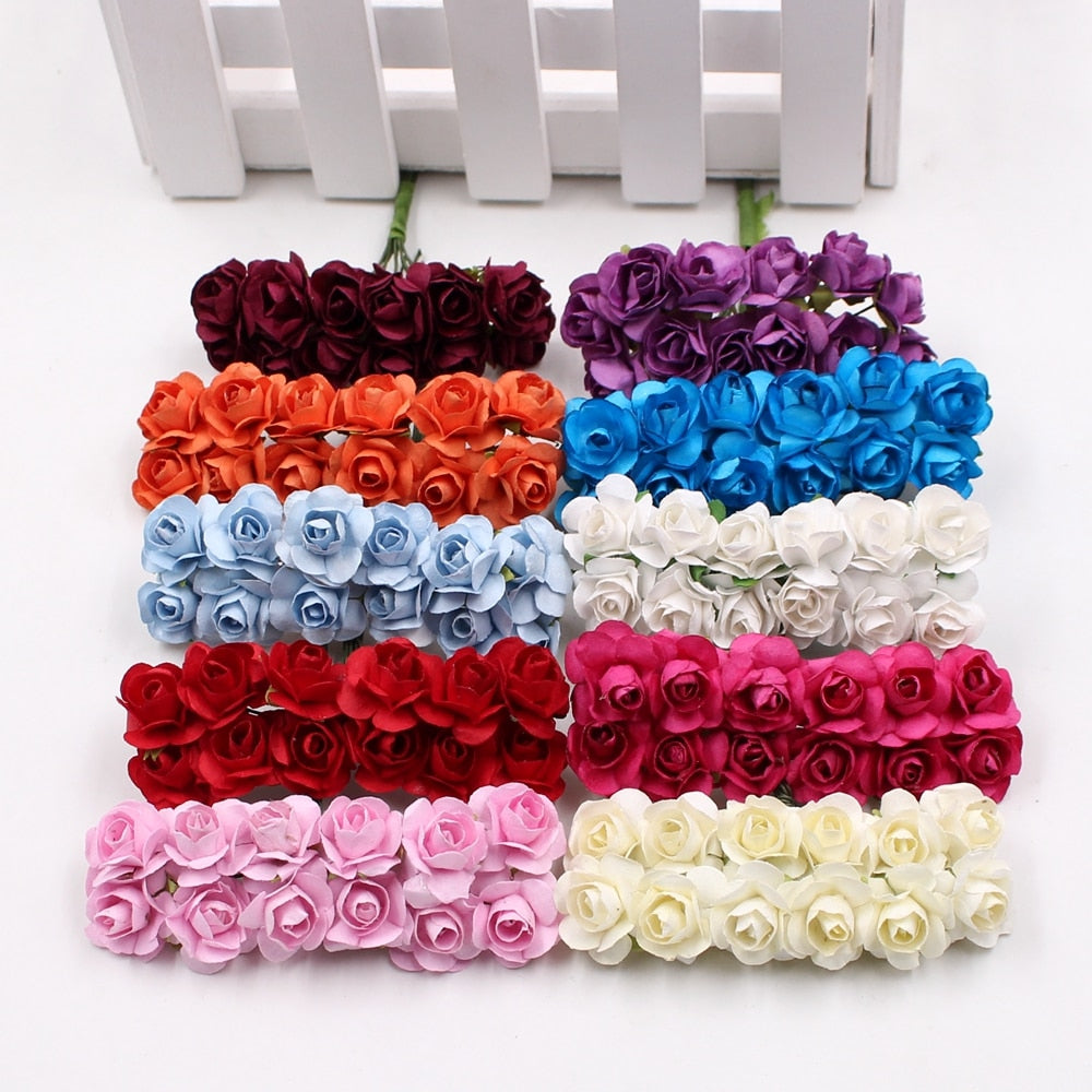 12pcs/lot Artificial Flower Mini Cute Paper Rose Handmade For Wedding Decoration DIY Wreath Gift Scrapbooking Craft Fake Flower