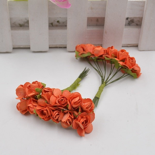 12pcs/lot Artificial Flower Mini Cute Paper Rose Handmade For Wedding Decoration DIY Wreath Gift Scrapbooking Craft Fake Flower