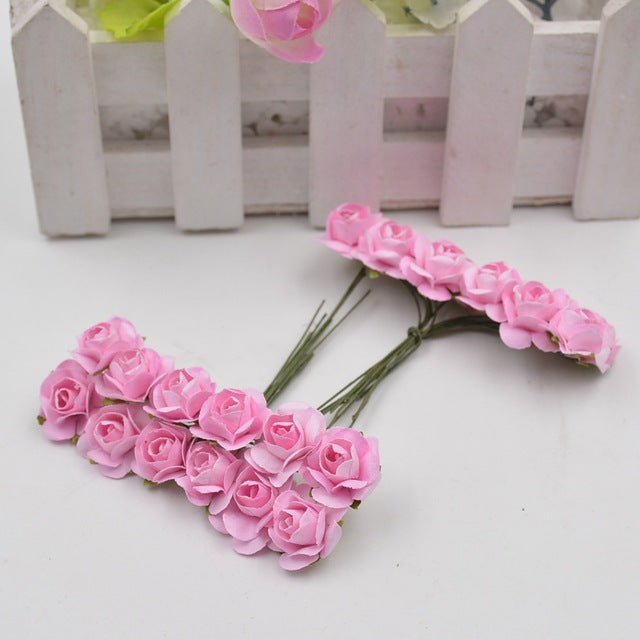 12pcs/lot Artificial Flower Mini Cute Paper Rose Handmade For Wedding Decoration DIY Wreath Gift Scrapbooking Craft Fake Flower