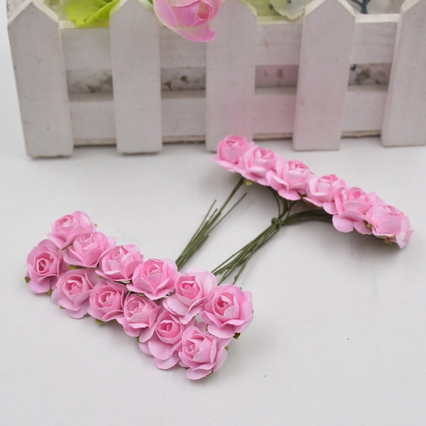 12pcs/lot Artificial Flower Mini Cute Paper Rose Handmade For Wedding Decoration DIY Wreath Gift Scrapbooking Craft Fake Flower