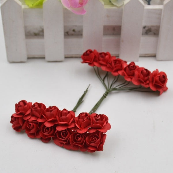 12pcs/lot Artificial Flower Mini Cute Paper Rose Handmade For Wedding Decoration DIY Wreath Gift Scrapbooking Craft Fake Flower