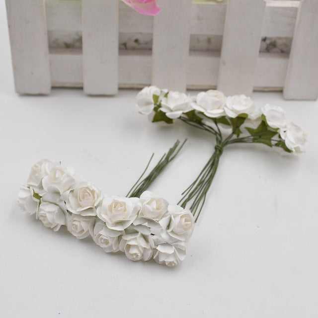 12pcs/lot Artificial Flower Mini Cute Paper Rose Handmade For Wedding Decoration DIY Wreath Gift Scrapbooking Craft Fake Flower
