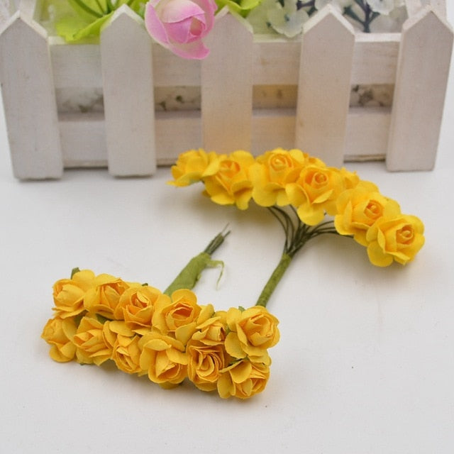 12pcs/lot Artificial Flower Mini Cute Paper Rose Handmade For Wedding Decoration DIY Wreath Gift Scrapbooking Craft Fake Flower