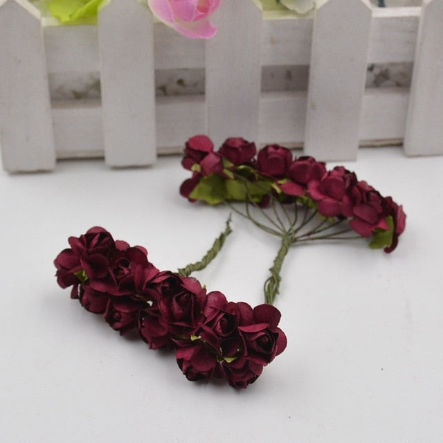 12pcs/lot Artificial Flower Mini Cute Paper Rose Handmade For Wedding Decoration DIY Wreath Gift Scrapbooking Craft Fake Flower