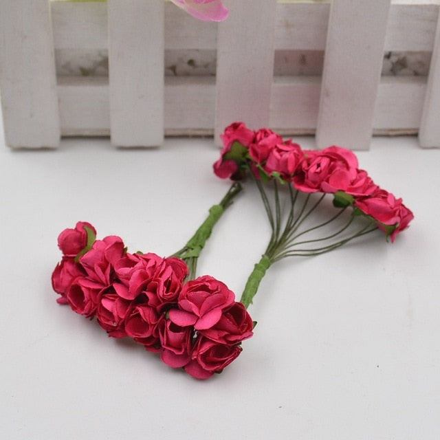 12pcs/lot Artificial Flower Mini Cute Paper Rose Handmade For Wedding Decoration DIY Wreath Gift Scrapbooking Craft Fake Flower