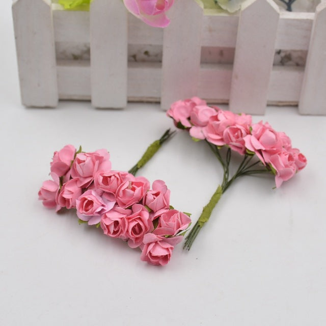12pcs/lot Artificial Flower Mini Cute Paper Rose Handmade For Wedding Decoration DIY Wreath Gift Scrapbooking Craft Fake Flower