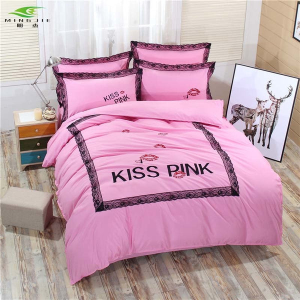 Kiss Pink Embroidered Bedding set Colorful Reactive Printing Duvet Cover Bedsheet Lace Quilt Bedding pillowcase Valentine Gift