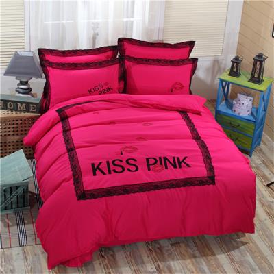 Kiss Pink Embroidered Bedding set Colorful Reactive Printing Duvet Cover Bedsheet Lace Quilt Bedding pillowcase Valentine Gift