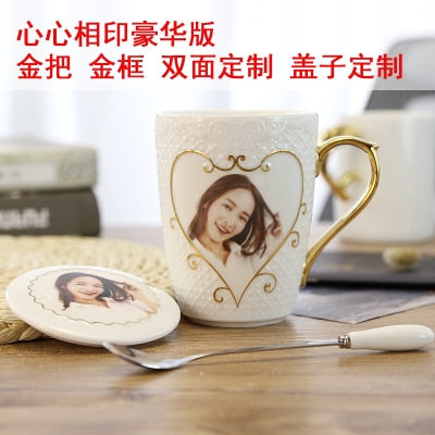 DIY custom photo Cup with Lid Spoon Christmas Valentine's Day novelty birthday gift mug girl girlfriends wedding creative gifts