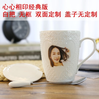 DIY custom photo Cup with Lid Spoon Christmas Valentine's Day novelty birthday gift mug girl girlfriends wedding creative gifts