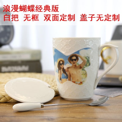 DIY custom photo Cup with Lid Spoon Christmas Valentine's Day novelty birthday gift mug girl girlfriends wedding creative gifts
