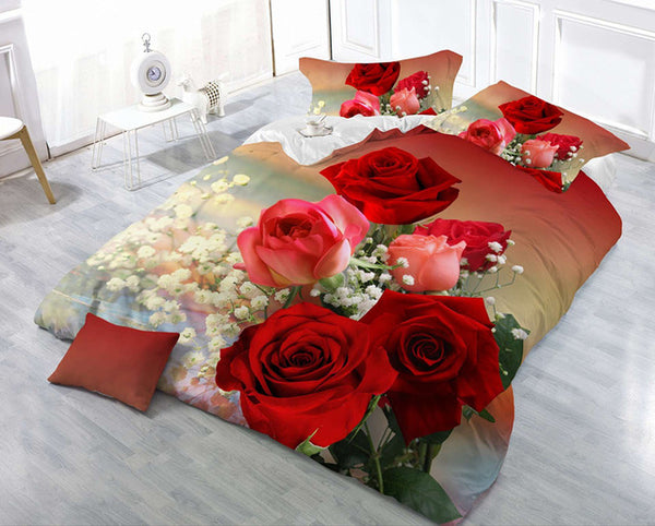 3/4pcs Cotton 3D Rose Bedding Sets High Quality Cover Bedsheet Pillowcase Reactive Printed Bedclothes Queen Bed Linen