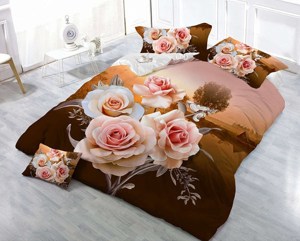 3/4pcs Cotton 3D Rose Bedding Sets High Quality Cover Bedsheet Pillowcase Reactive Printed Bedclothes Queen Bed Linen