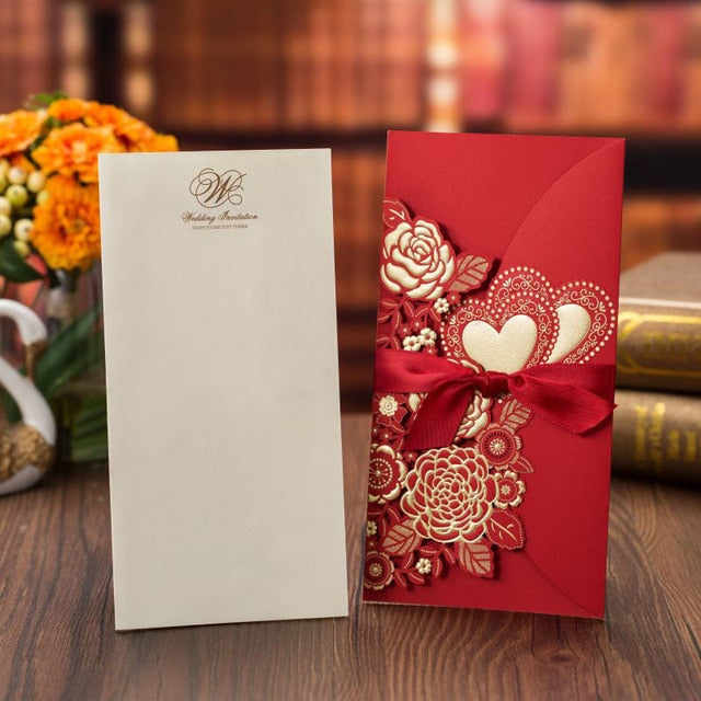 50pcs Laser Cut Wedding Invitations Card Rose Love Heart Greeting Cards Customize Envelopes with Ribbon Wedding Party Supplies