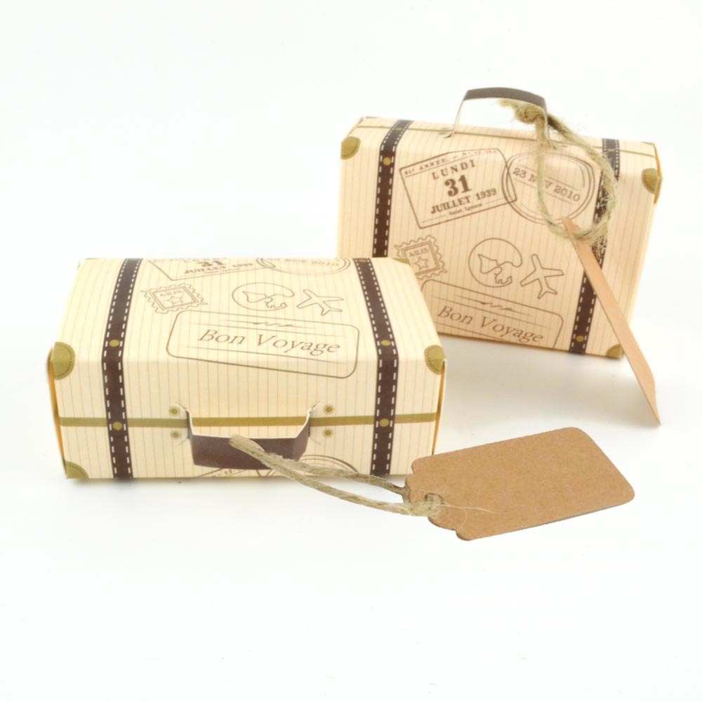 10sets Creative Mini Suitcase Design Candy Box Candy Packaging Carton Chocolate Box Wedding Gift Box with Card for Event Party