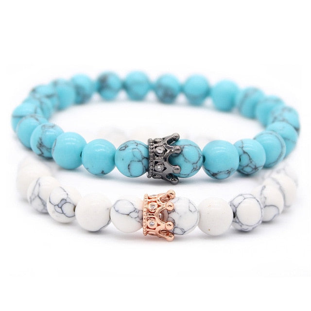 Valentine's Day Gift! His And Hers Jewelry 8mm Stone Beads Bracelets & Bangles King Queen Couple Bracelet for Lovers MBR180309