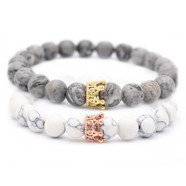 Valentine's Day Gift! His And Hers Jewelry 8mm Stone Beads Bracelets & Bangles King Queen Couple Bracelet for Lovers MBR180309