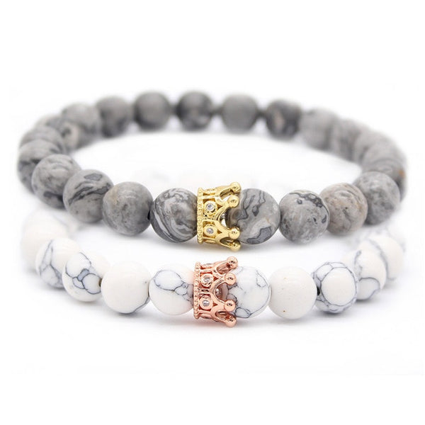 Valentine's Day Gift! His And Hers Jewelry 8mm Stone Beads Bracelets & Bangles King Queen Couple Bracelet for Lovers MBR180309