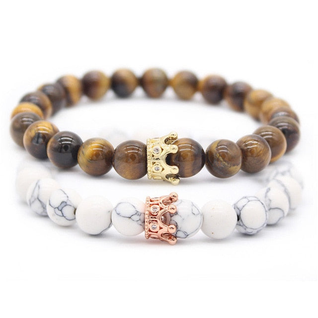 Valentine's Day Gift! His And Hers Jewelry 8mm Stone Beads Bracelets & Bangles King Queen Couple Bracelet for Lovers MBR180309
