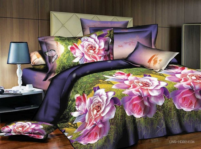 40  Cotton 3D Rose Bedding Sets High Quality Soft Duvet Cover Bedsheet Pillowcase Reactive Printed Bedclothes Queen Bed Linen