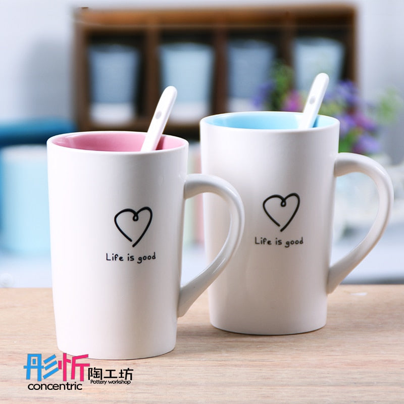 Simple couple inner color love coffee mug Christmas drinkware mug Valentine 's Day creative ceramic mugs with spoon