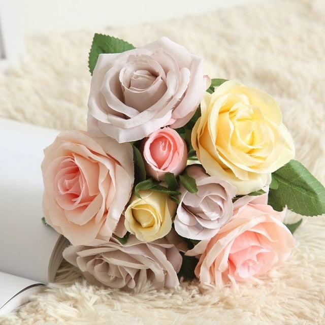 7/8/9/12pcs/lot Artificial Rose Flowers Wedding bouquet New Year Pink Royal Rose Silk flower Home Decoration Wedding Party Decor