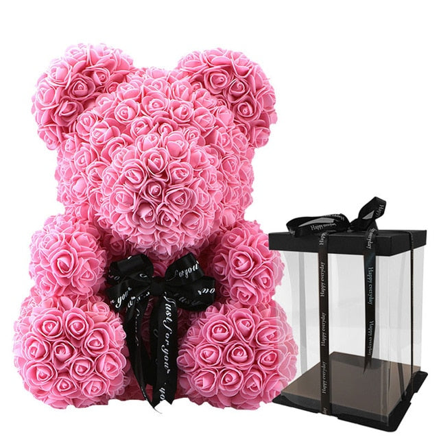 2019 Creative 40cm Rose Bear Red Pink Wedding Eternal Flower With Ribbon Decoration Gift For Valentine's Day New Year