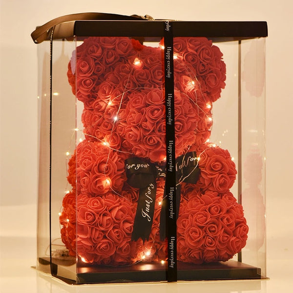 2019 Creative 40cm Rose Bear Red Pink Wedding Eternal Flower With Ribbon Decoration Gift For Valentine's Day New Year