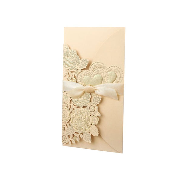 50pcs Laser Cut Wedding Invitations Card Rose Love Heart Greeting Cards Customize Envelopes with Ribbon Wedding Party Supplies