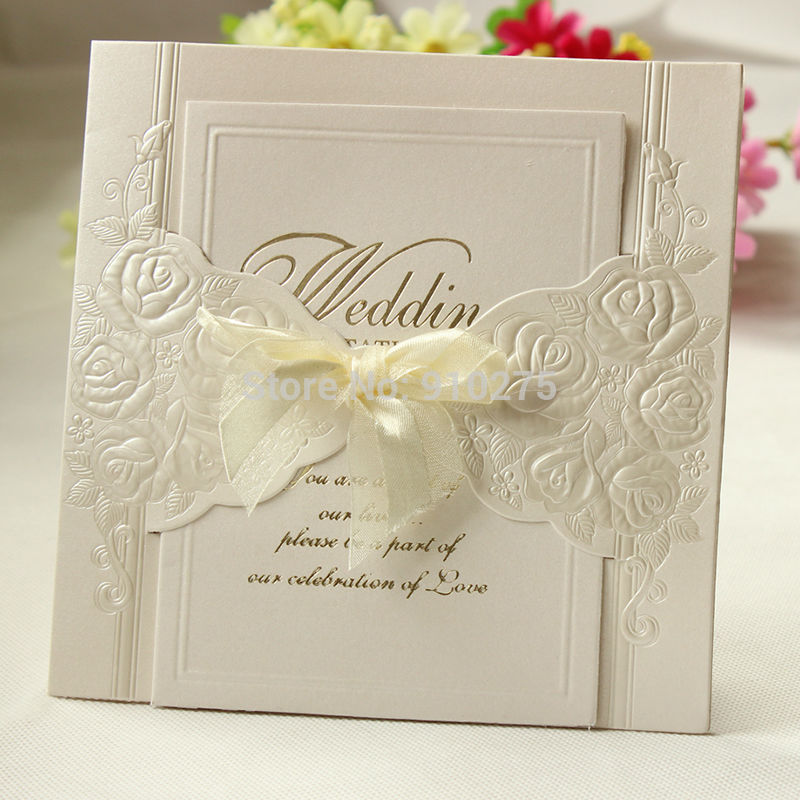 100PCS Ivory Laser Cut Rose Floral Wedding Invitations with Ribbon Wedding Card Wedding Party Centerpieces