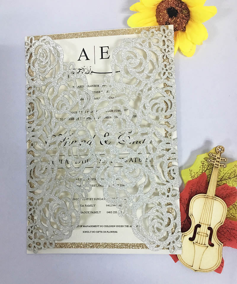 25X Gold/Silver/Black/Light gold/Rose Gold Glitter Paper Rose Flower laser cut Hollow wedding invitation greeting card cover