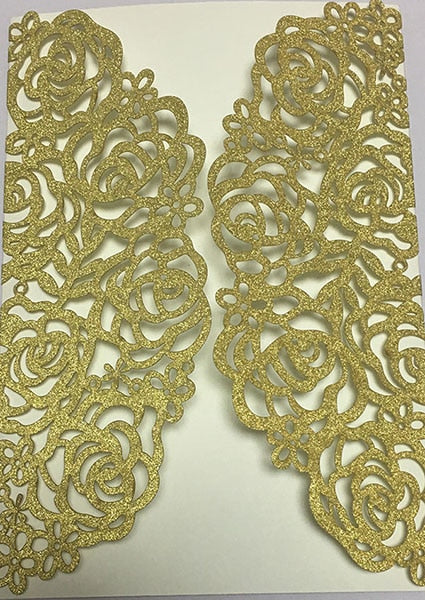 25X Gold/Silver/Black/Light gold/Rose Gold Glitter Paper Rose Flower laser cut Hollow wedding invitation greeting card cover