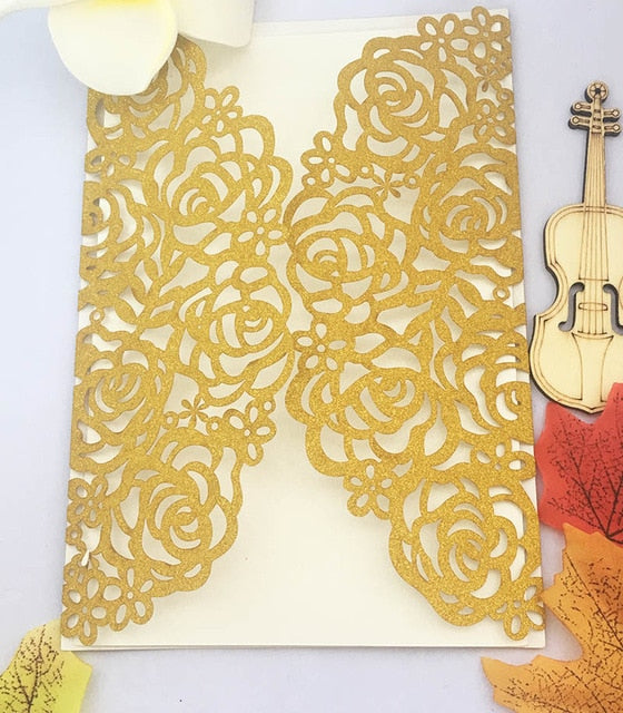 25X Gold/Silver/Black/Light gold/Rose Gold Glitter Paper Rose Flower laser cut Hollow wedding invitation greeting card cover