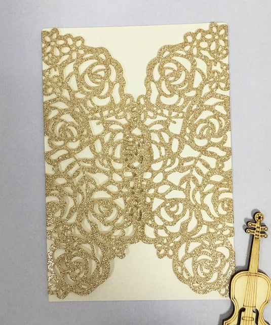 25X Gold/Silver/Black/Light gold/Rose Gold Glitter Paper Rose Flower laser cut Hollow wedding invitation greeting card cover